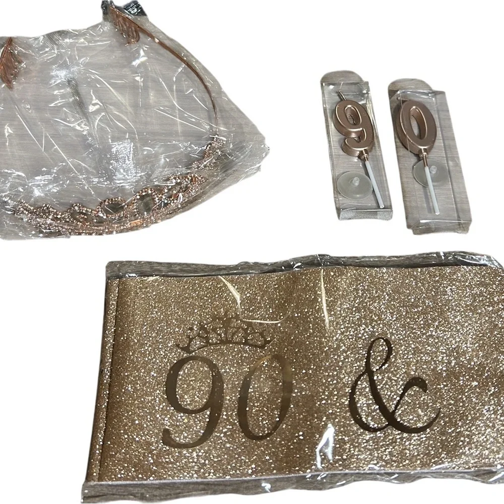 ✨ Rose Gold 90th Birthday Celebration Set – Tiara, Sash & Candles – Perfect Gift